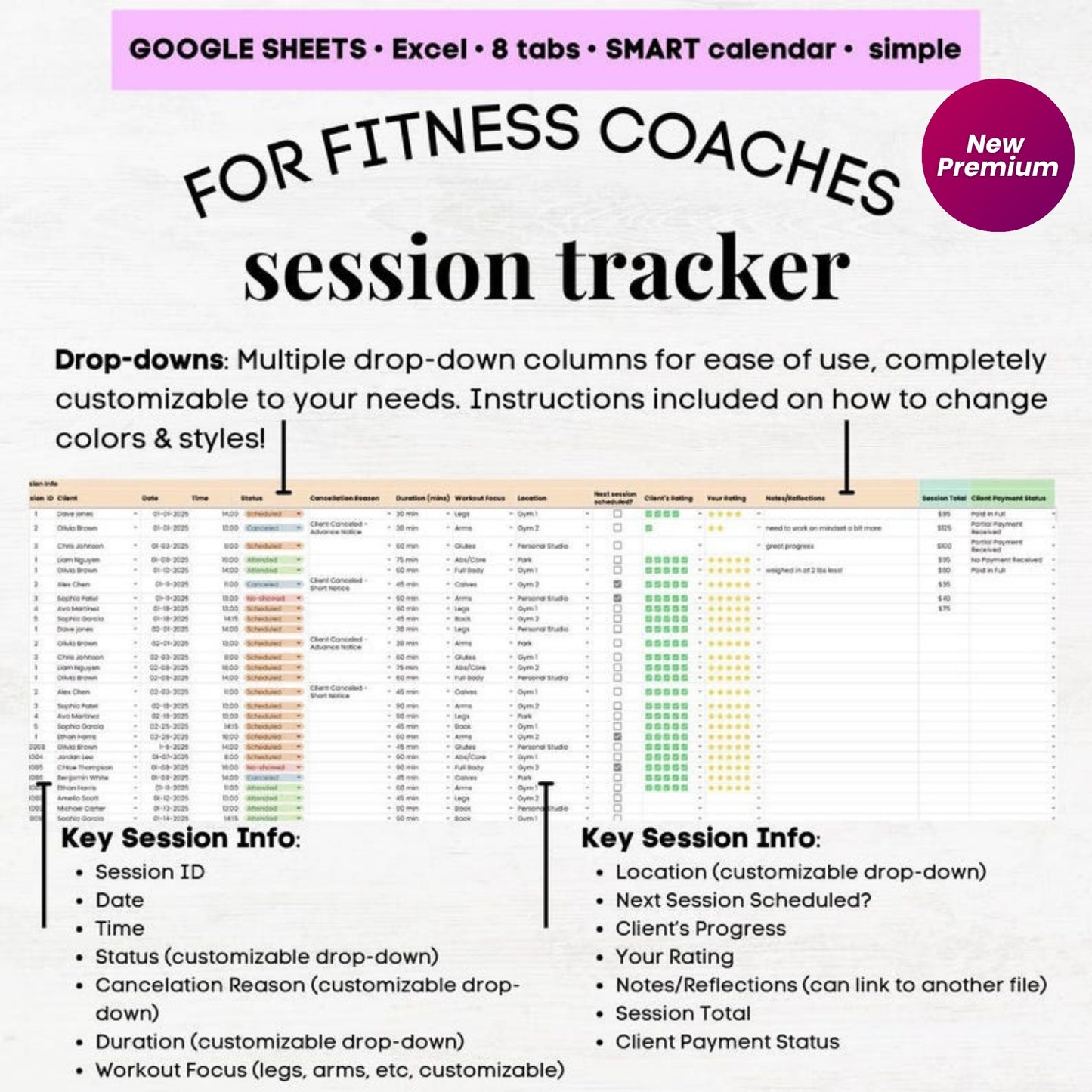 Personal Trainer Client Tracker Calendar | Fitness Coach Spreadsheet | Personal Training Excel & Google Sheets Template
