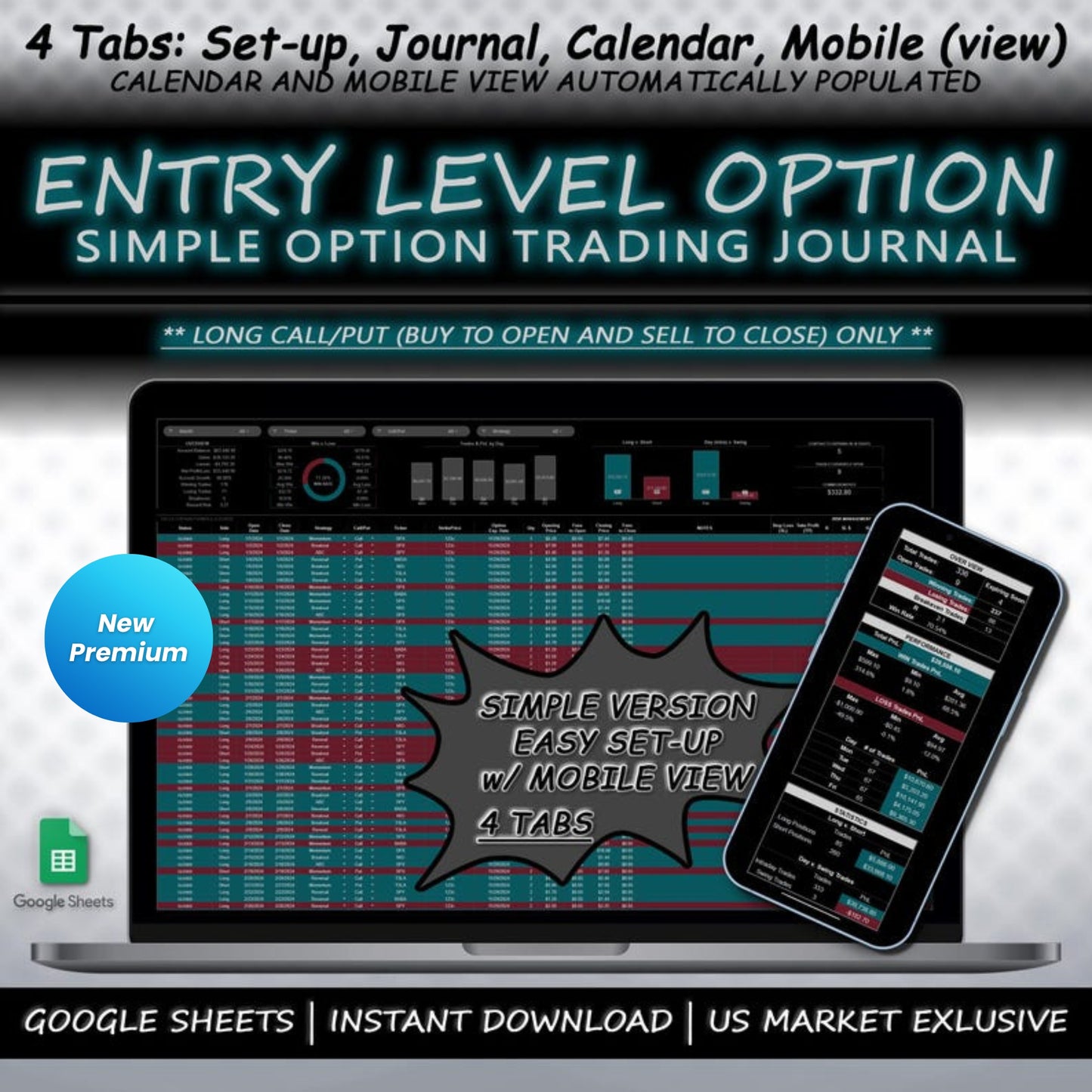 Option Trading Journal Spreadsheet | Google Sheets | Long Call/Put Trades Tracker | Performance & PnL Calendar | Risk Management