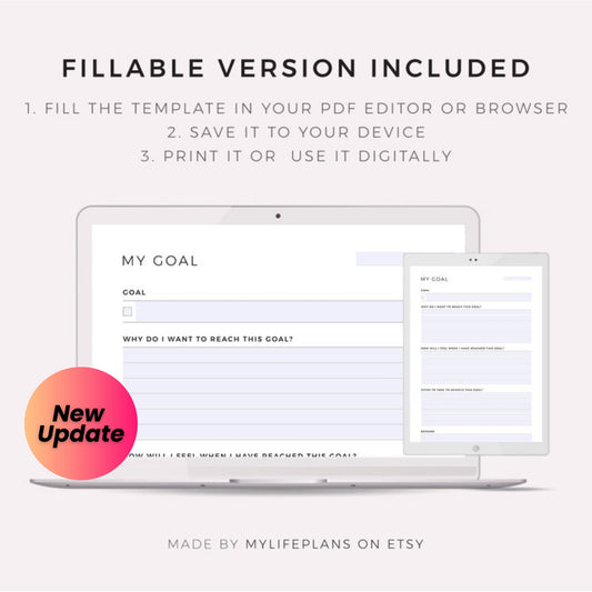 My Goal Printable Planner - Life, Fitness, Career, Finance, Relationships, Fun & Hobbies Goals - A4 A5 Letter Half Size PDF