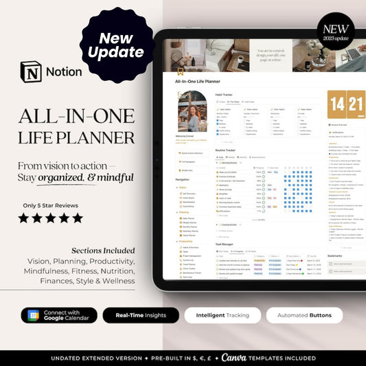 All-In-One Life Planner Notion Template (Undated) | Daily Planner, Goals, Wellness, Mindfulness, Fitness, Nutrition, Finance & More