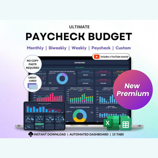 Ultimate Paycheck Budget Spreadsheet – Weekly, Biweekly & Monthly Budget Planner | Google Sheets & Excel | Dark Mode Finance Tracker