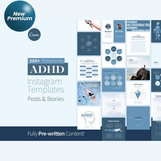 200+ ADHD Instagram Canva Templates – Mental Health Coaching, Therapist & Psychology Social Media Bundle