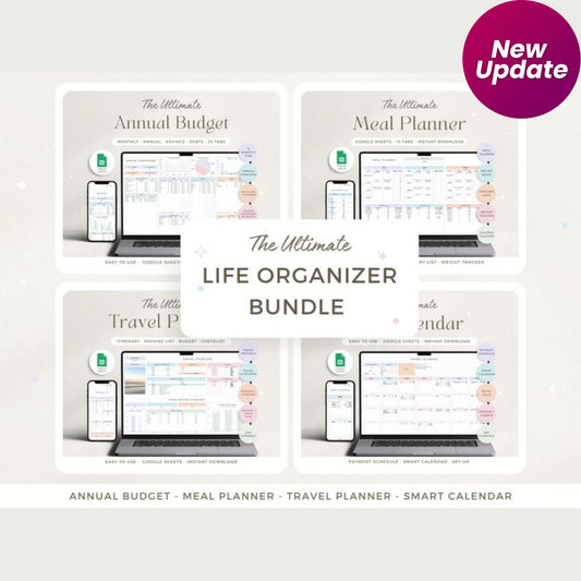 Life Organizer Google Sheets Bundle – Annual Budget, Weekly Meal Planner, Travel Itinerary & Bill Calendar | Digital ADHD Life Planner