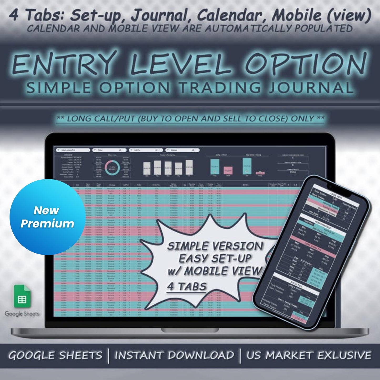 Option Trading Journal Spreadsheet | Google Sheets | Long Call/Put Trades Tracker | Performance & PnL Calendar | Risk Management