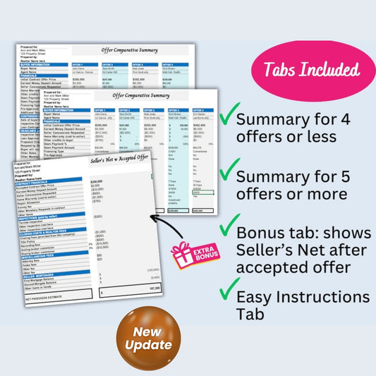 Seller's Net Sheet + Multiple Offers Spreadsheet Bundle | Real Estate Closing Proceeds & Offer Comparison Tool