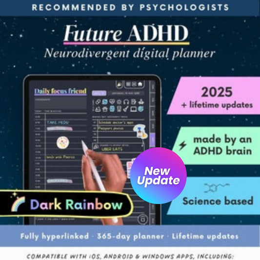 ADHD Digital Planner 2025 for iPad, Android & Goodnotes – Dark Rainbow Theme | Daily Planner, Habit Tracker & Self-Care Tools