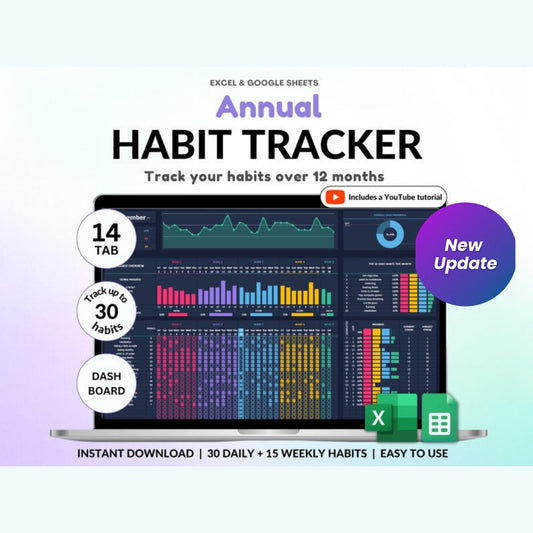 Yearly Habit Tracker Spreadsheet – Google Sheets & Excel | Daily & Weekly ADHD Routine Planner | Dark Mode Annual Goal Tracker