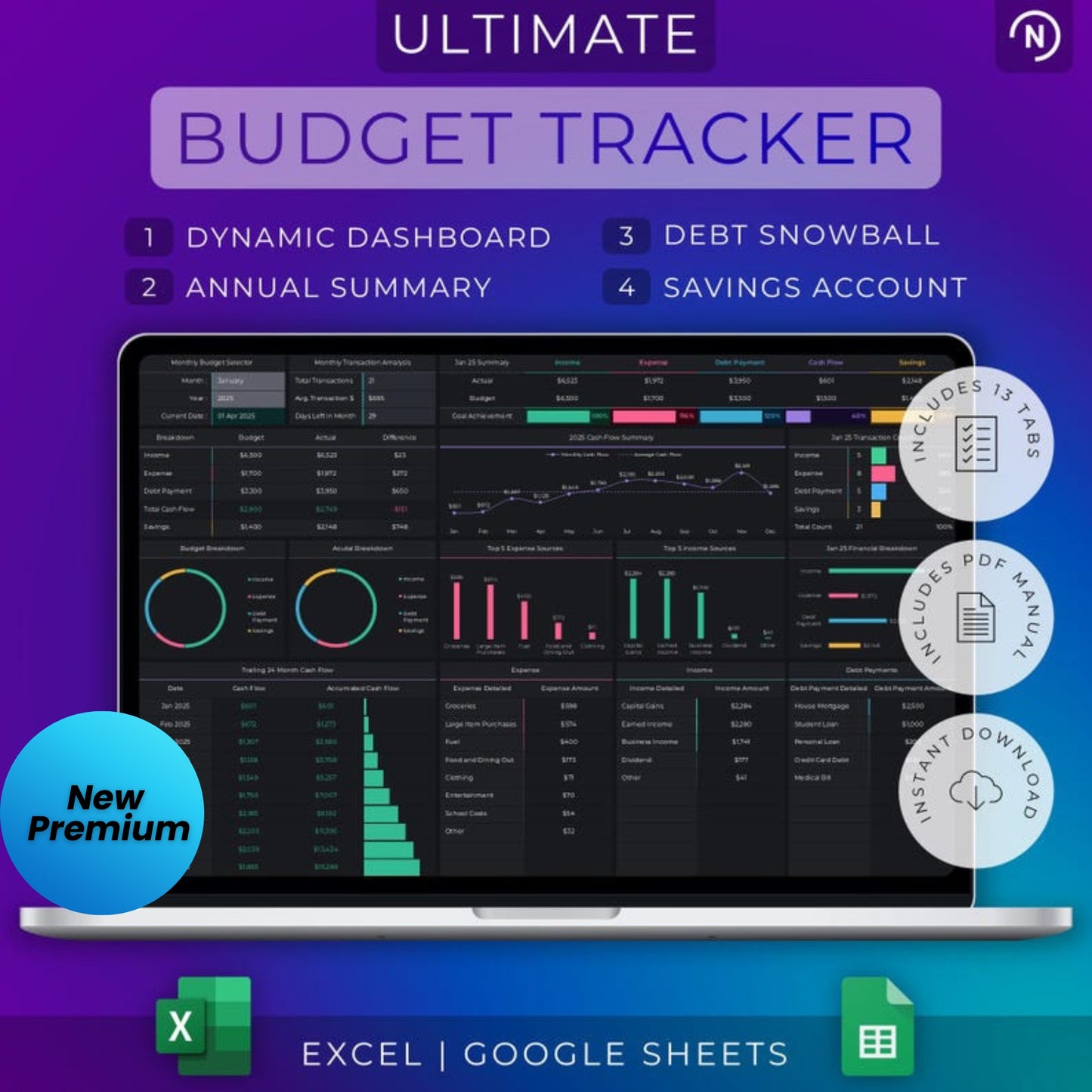 Ultimate Annual & Monthly Budget Spreadsheet – Excel & Google Sheets Template | Debt Payoff, Expense Tracker, Savings & Financial Planner