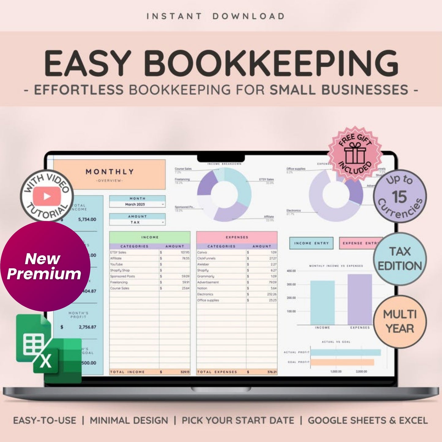 Easy Bookkeeping Template for Small Business | Excel Bookkeeping Spreadsheet | Accounting Ledger | Tax & Profit Tracker