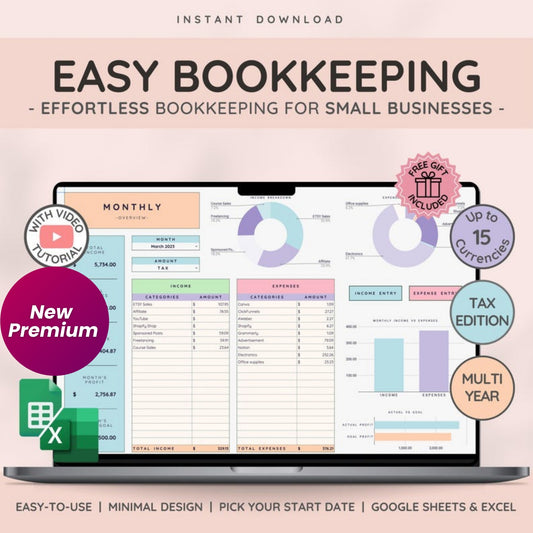 Easy Bookkeeping Template for Small Business | Excel Bookkeeping Spreadsheet | Accounting Ledger | Tax & Profit Tracker