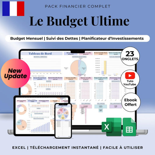 Annual Budget Spreadsheet in French – Google Sheets & Excel | Monthly, Biweekly, Debt, Bills, Investment, Net Worth Tracker | 50/30/20 Budget Planner