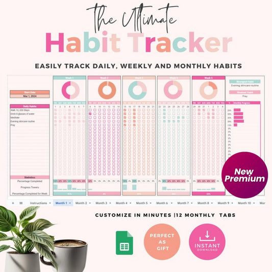 2024 Habit Tracker Spreadsheet – Google Sheets Habit Tracker Template | Daily, Weekly & Monthly Goal Tracker | Digital Planner