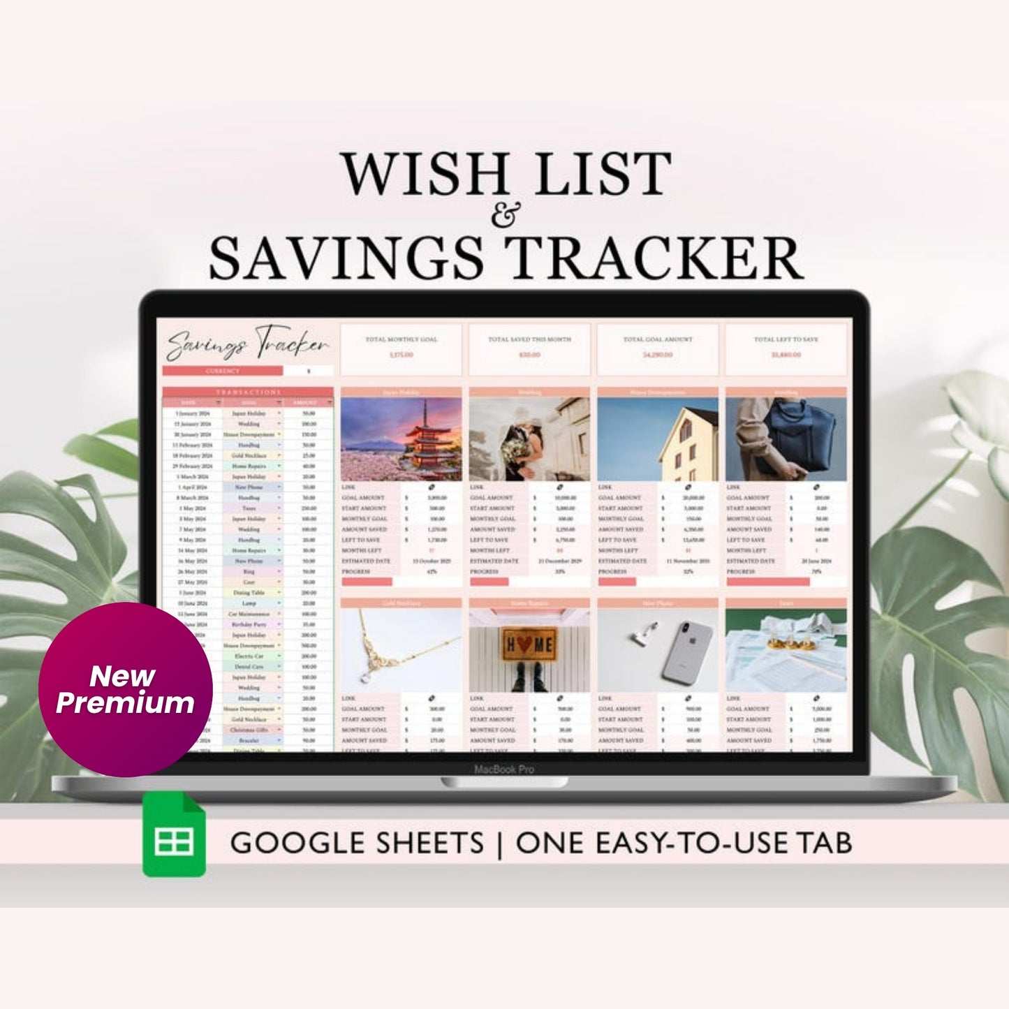 Wishlist & Sinking Funds Tracker Google Sheets Template | Aesthetic Digital Savings Planner | Vision Board Wish List for Online Shopping & Goals