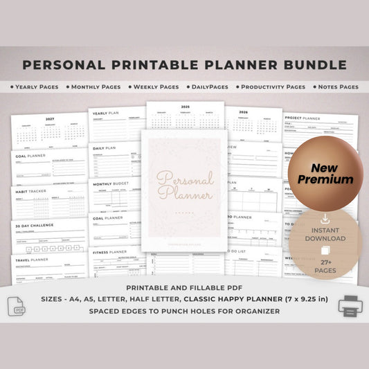 Personal Planner Printable Bundle – Daily, Weekly, Monthly Planners | Goal Setting, Health, Finance, Productivity | 5 Sizes | POMODORO + Year Calendar