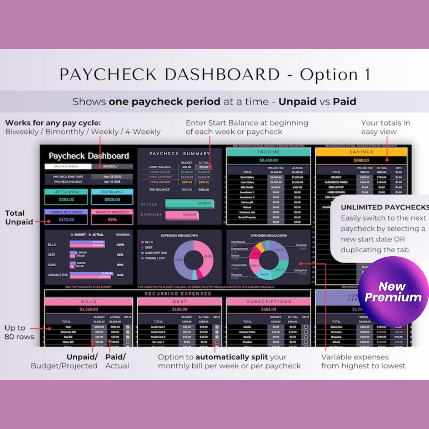 Budget Planner for Biweekly, Bimonthly, Monthly, Weekly Paychecks | Digital Budget Spreadsheet | Savings & Expense Tracker | Google Sheets Template