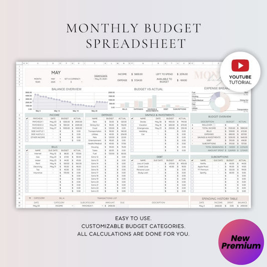 Budget Tracker Google Sheets and Excel | Digital Budget Planner | Bill Calendar | Monthly Budget Spreadsheet Template | Finance Tracker