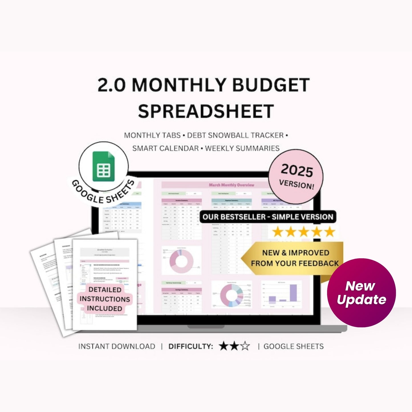 2.0 Ultimate Monthly Budget Google Sheet Spreadsheet | Weekly & Annual Finance Planner | Debt Snowball Tracker | Smart Calendar