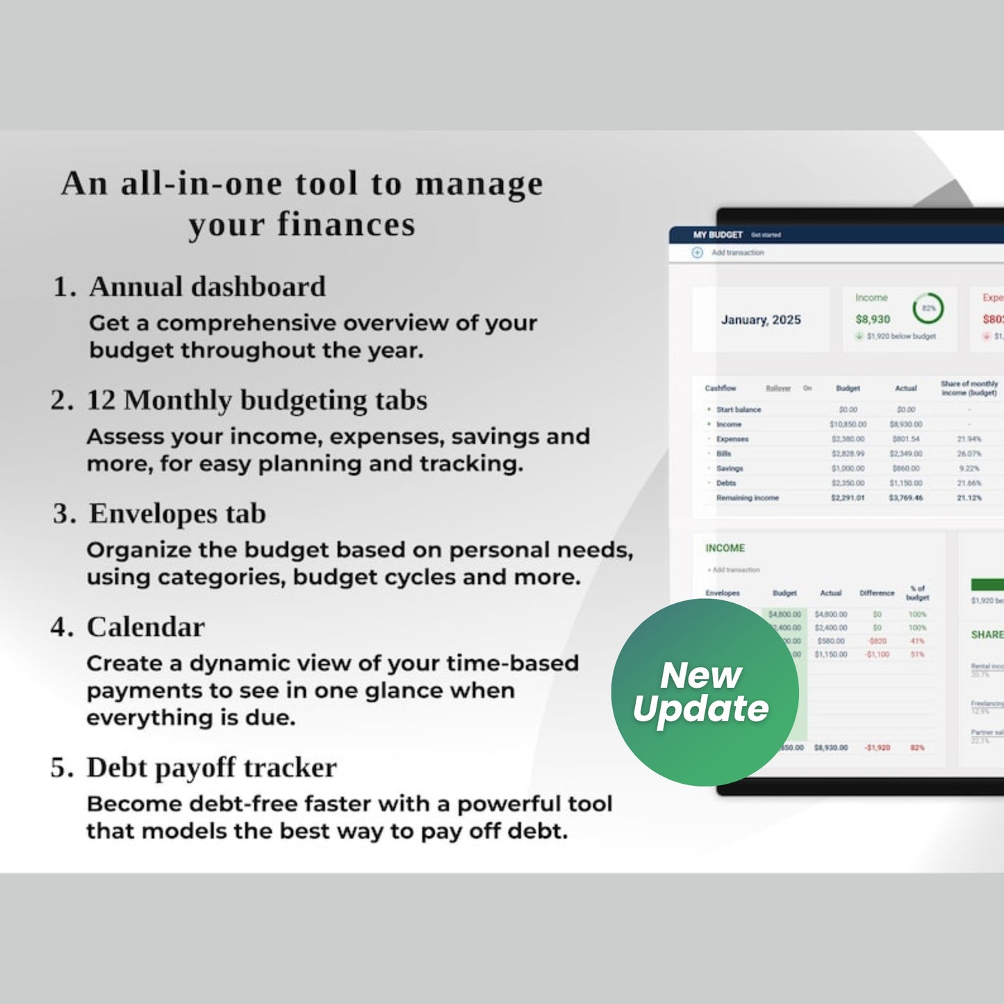 Annual & Monthly Budget Planner | Google Sheets Spreadsheet | Personal Finance Tracker | Income, Expenses, Bills, Savings, Debt Payoff | Digital Download