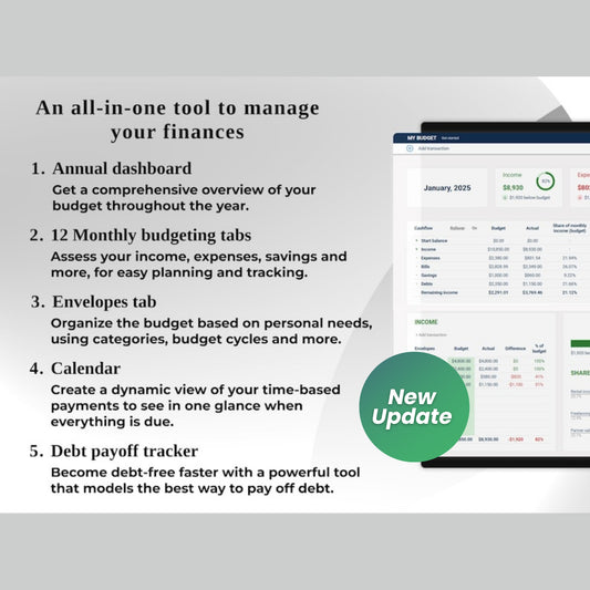 Annual & Monthly Budget Planner | Google Sheets Spreadsheet | Personal Finance Tracker | Income, Expenses, Bills, Savings, Debt Payoff | Digital Download