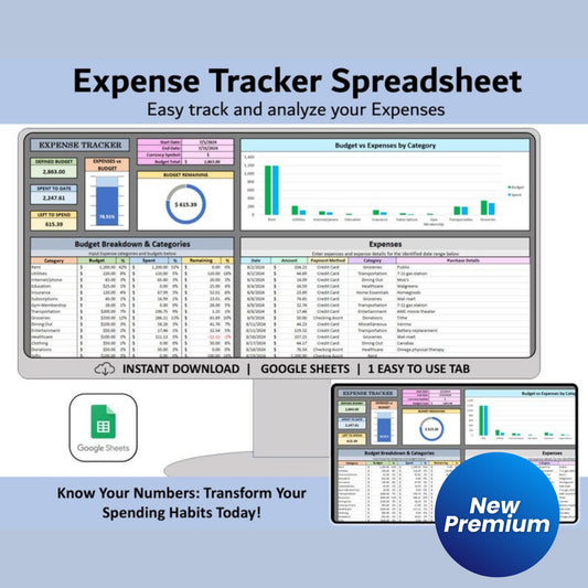 Easy Expense Tracker Spreadsheet – Google Sheets Budget Planner Template for Personal & Small Business Finances – Digital Download