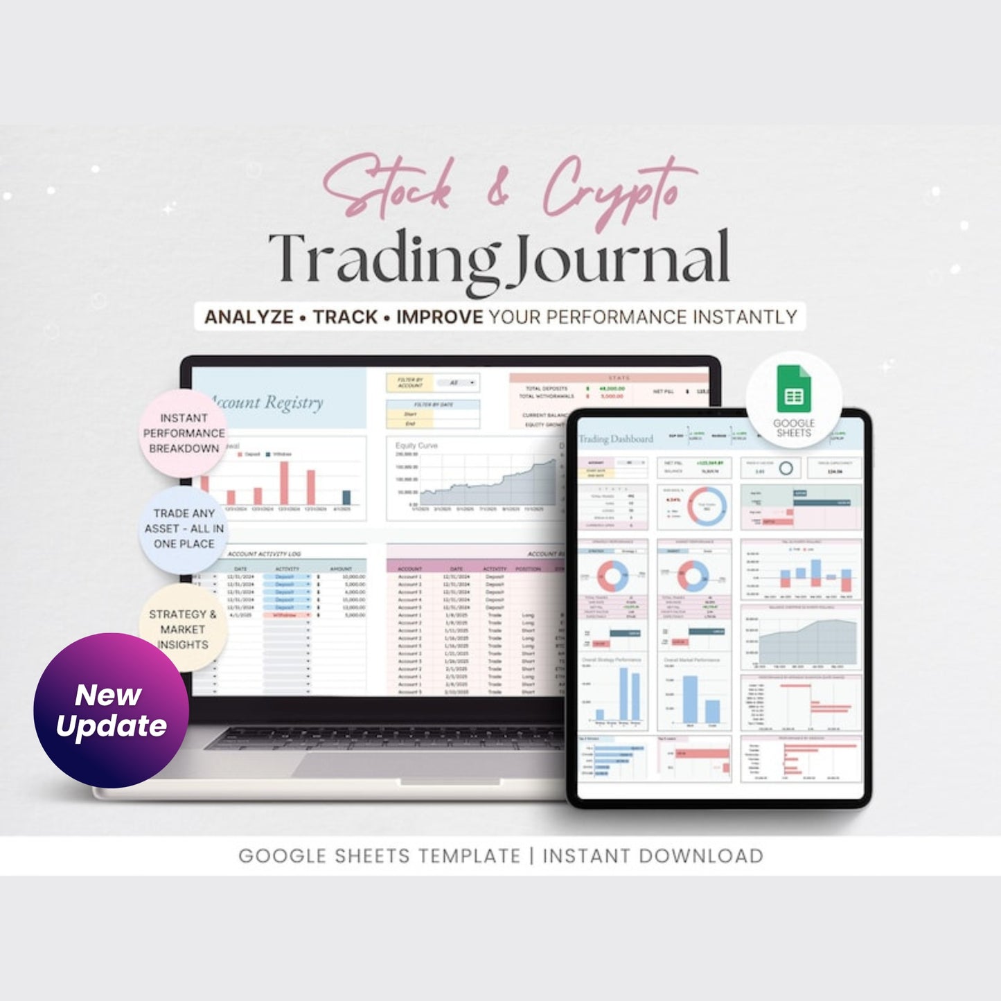 Stock & Crypto Trading Journal – Google Sheets Day Trading Log, Strategy Tracker, Crypto Watchlist, Investment & Personal Finance Planner