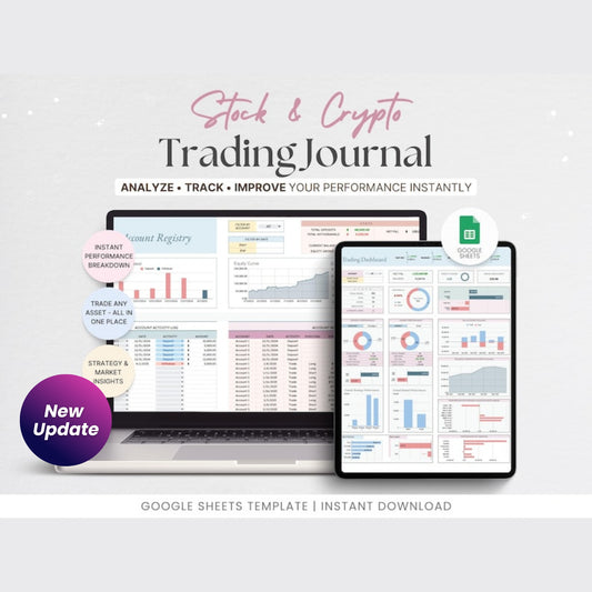 Stock & Crypto Trading Journal – Google Sheets Day Trading Log, Strategy Tracker, Crypto Watchlist, Investment & Personal Finance Planner