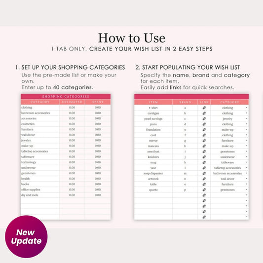 Wishlist and Conscious Purchase Tracker | Aesthetic Google Sheets & Excel Template | Shopping List & Expense Dashboard