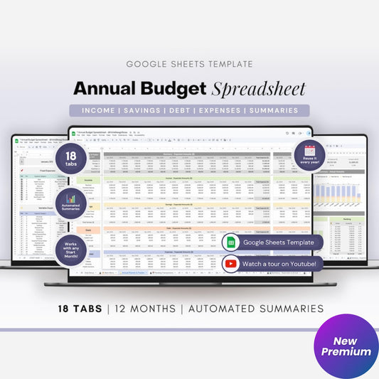 Annual Budget Spreadsheet | Google Sheets Budget Planner Template | Track Income, Savings, Debt & Monthly Expenses | Digital Financial Planner