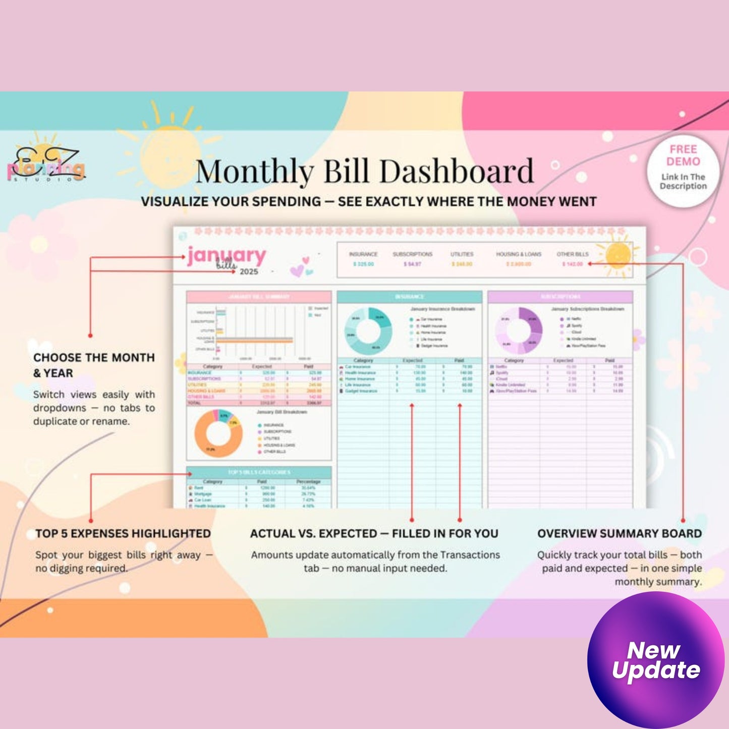 Ongoing Monthly Bill Spreadsheet – Colorful Google Sheets Budget Tracker | No Annual Reset | ADHD & Beginner Friendly