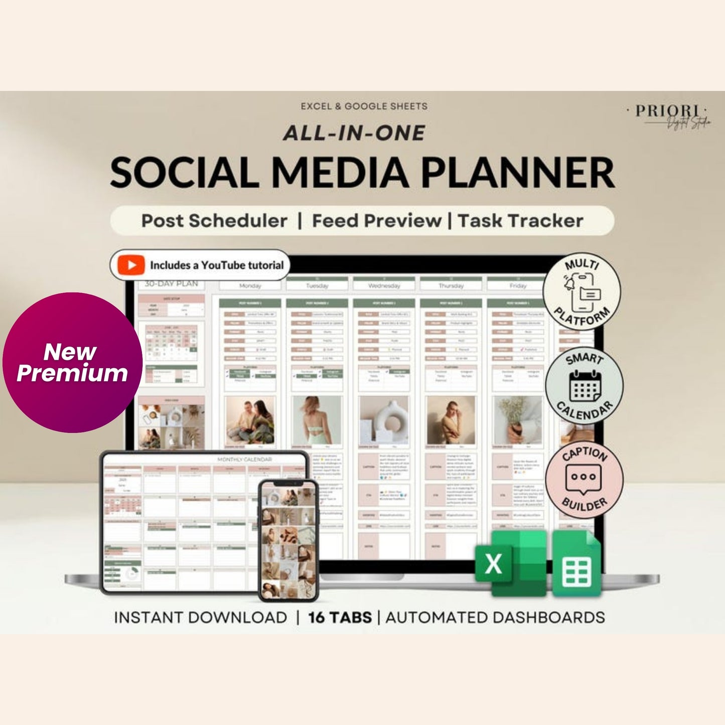 Social Media Content Planner Spreadsheet | Monthly Content Calendar | Google Sheets & Excel Template for Instagram, TikTok, YouTube