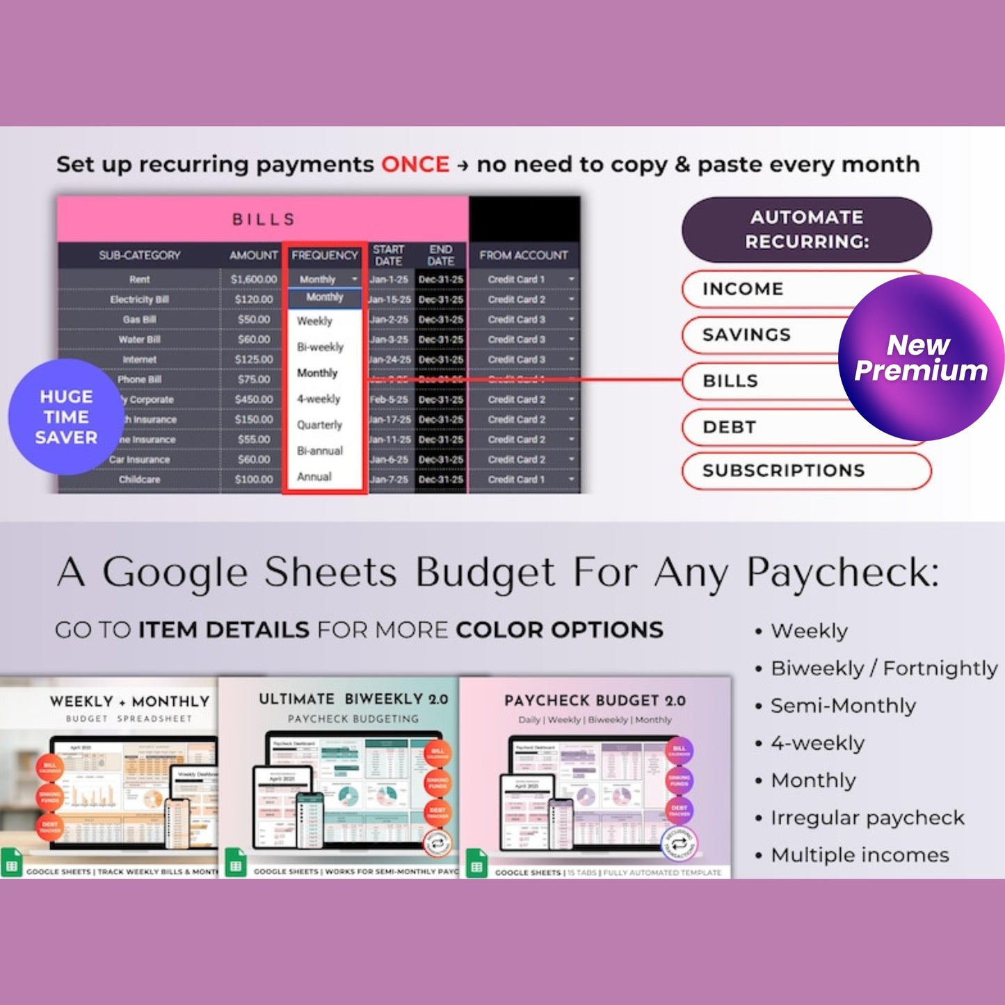 Budget Planner for Biweekly, Bimonthly, Monthly, Weekly Paychecks | Digital Budget Spreadsheet | Savings & Expense Tracker | Google Sheets Template