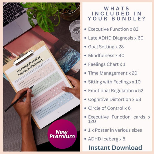 ADHD Executive Functioning Bundle | 400+ Pages Therapy Worksheets & 120 Cards | Coping Skills, Time Management, Emotional Regulation | Teens & Adults