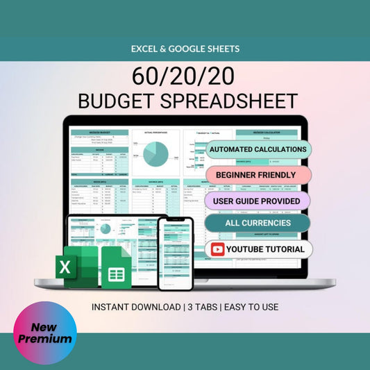 60/20/20 Budget Spreadsheet Excel & Google Sheets | Monthly & Weekly Budget Planner | Savings Tracker Template