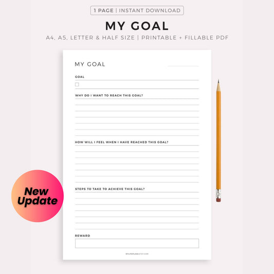 My Goal Printable Planner - Life, Fitness, Career, Finance, Relationships, Fun & Hobbies Goals - A4 A5 Letter Half Size PDF
