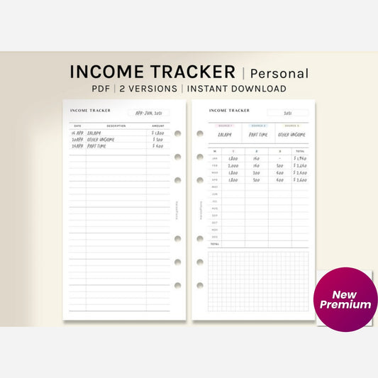 Income Tracker | Personal Size Printable Planner Inserts | Money Log Template | Financial Planning PDF | Income Overview Digital Download