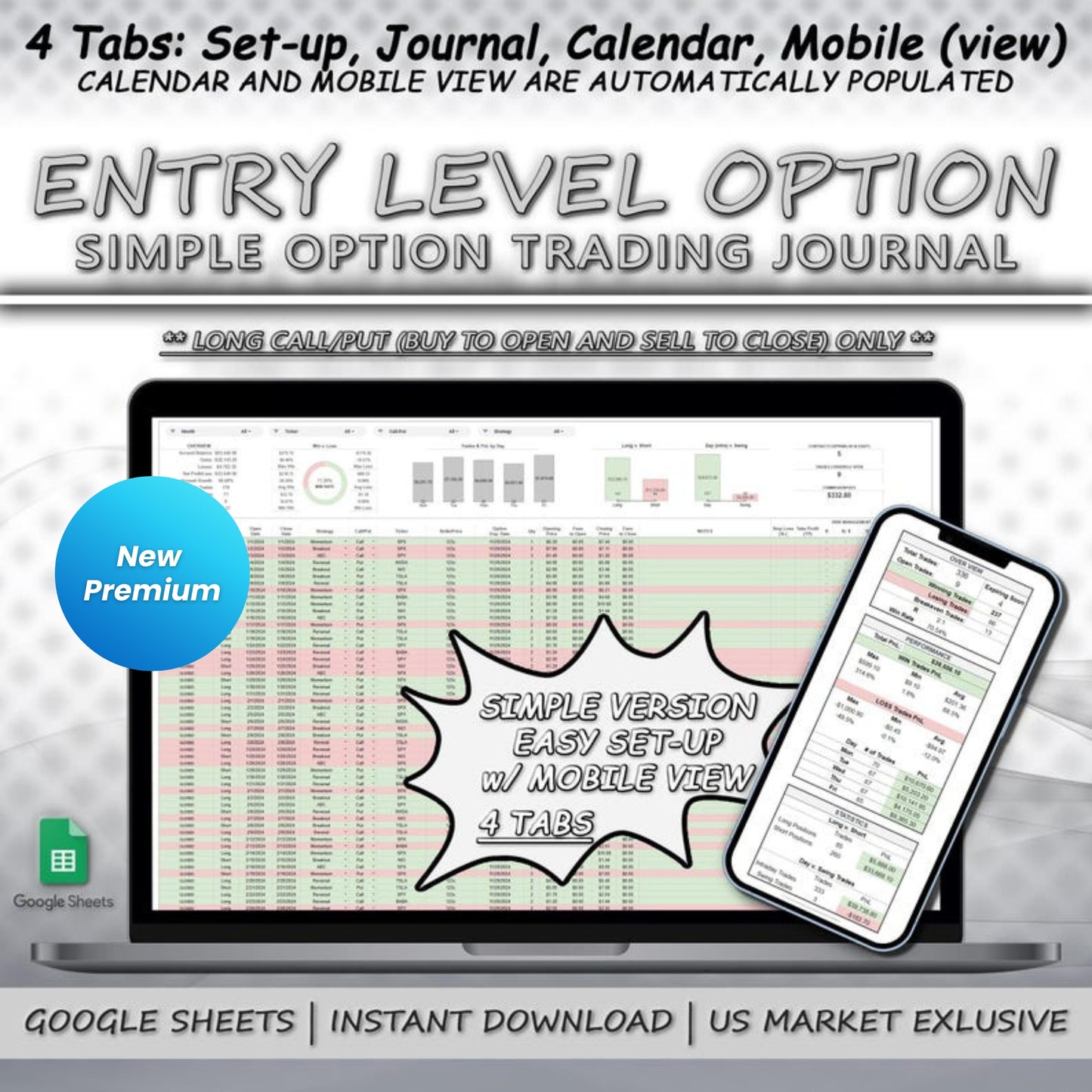 Option Trading Journal Spreadsheet | Google Sheets | Long Call/Put Trades Tracker | Performance & PnL Calendar | Risk Management