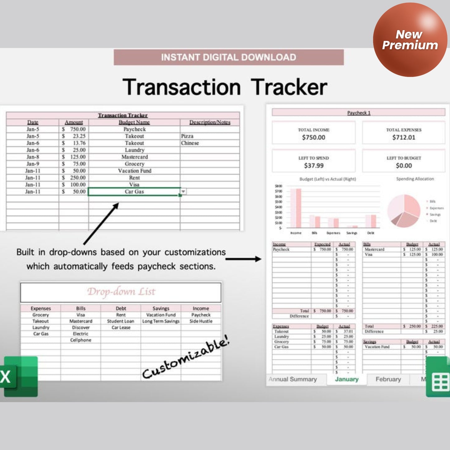 Annual Budget Google Sheets & Excel Spreadsheet | Monthly, Weekly, Biweekly Paycheck Budget Planner, Debt Tracker, Budgeting Bundle
