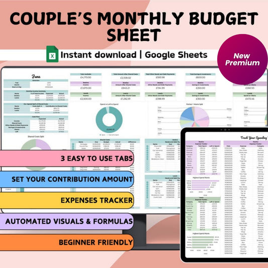 Couple's Monthly Budget Planner | Google Sheets Finance Spreadsheet | 2025 Budget Template | Expense, Bill, Debt & Income Tracker