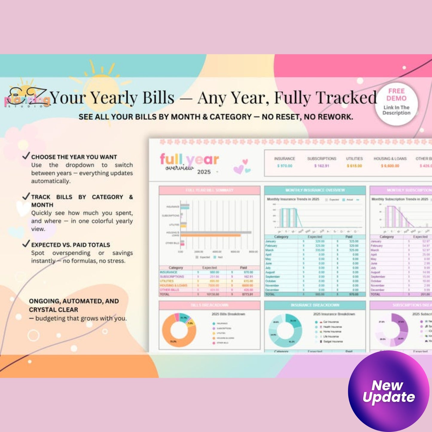 Ongoing Monthly Bill Spreadsheet – Colorful Google Sheets Budget Tracker | No Annual Reset | ADHD & Beginner Friendly