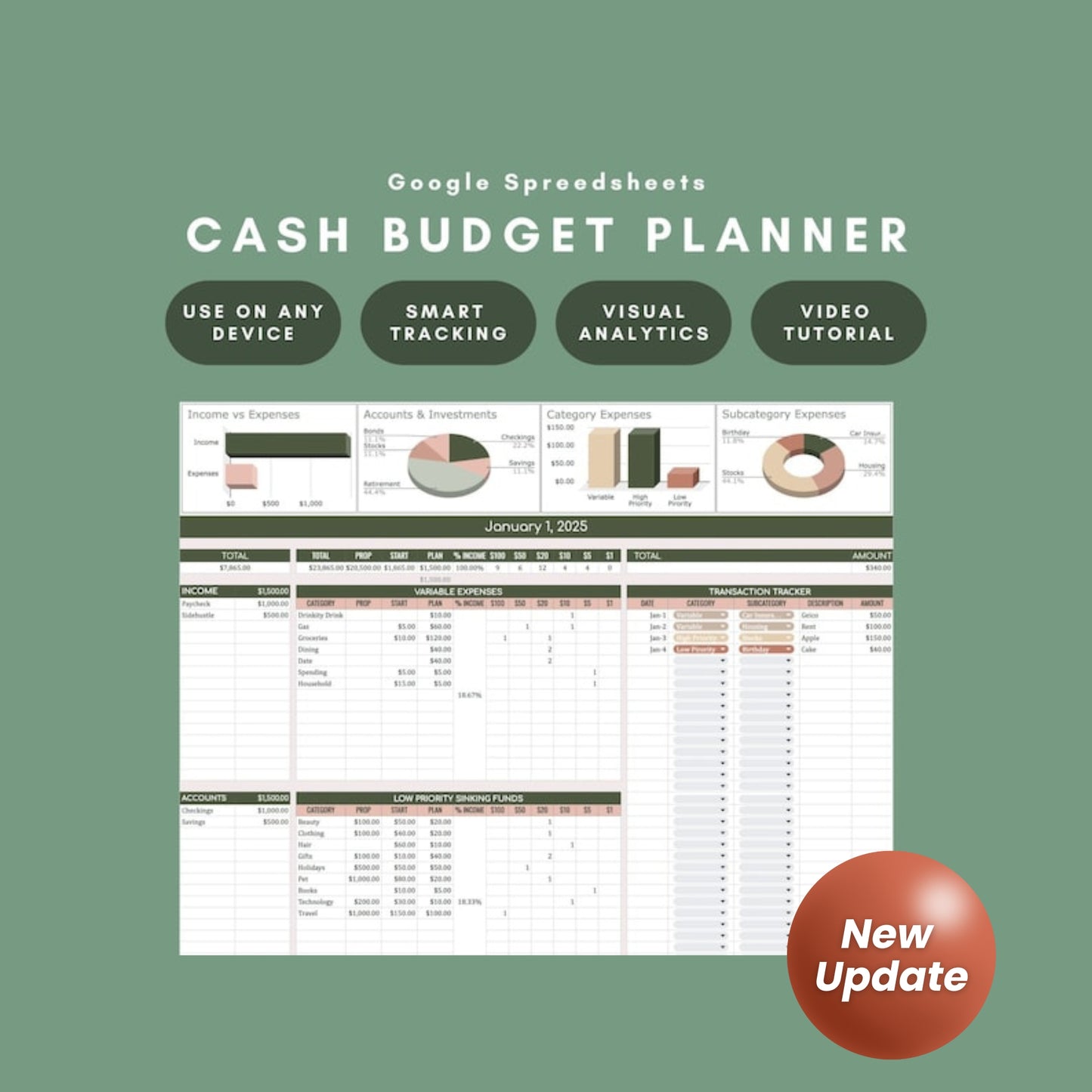 Cash Budget Planner Google Spreadsheet | Digital Download | Income, Accounts, Expense Tracker, Investment & Denomination Breakdown | Video Tutorial Included