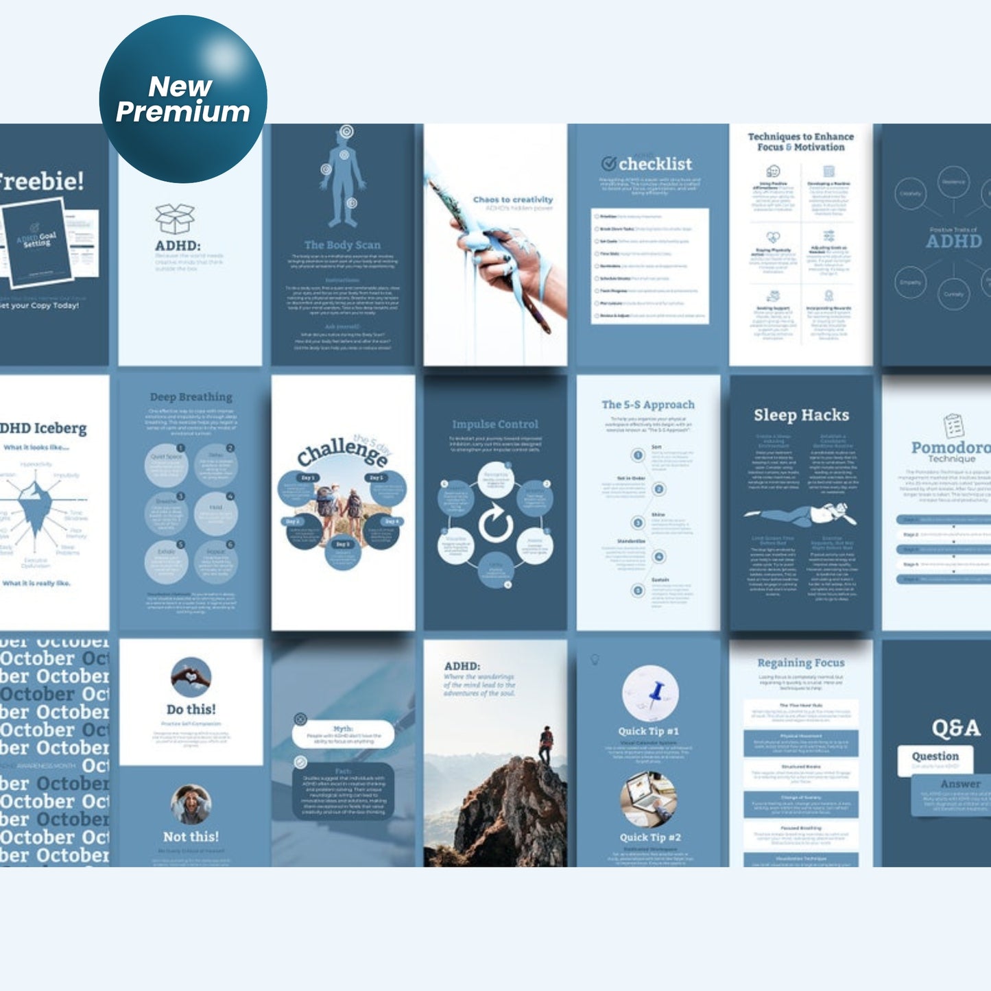 200+ ADHD Instagram Canva Templates – Mental Health Coaching, Therapist & Psychology Social Media Bundle