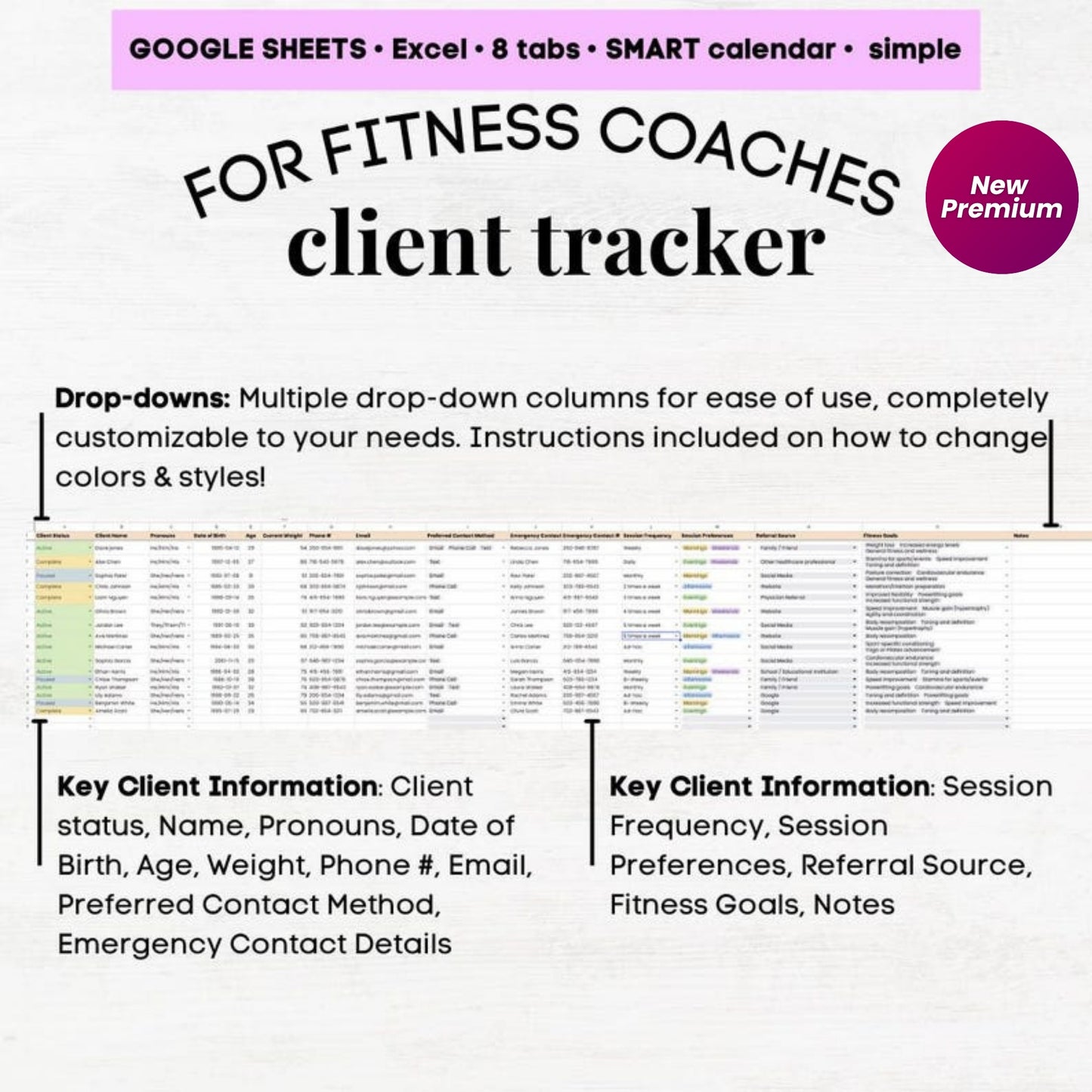 Personal Trainer Client Tracker Calendar | Fitness Coach Spreadsheet | Personal Training Excel & Google Sheets Template