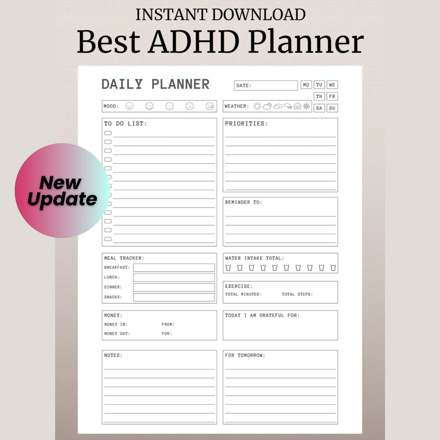 ADHD Daily Planner Printable - Hourly Organizer for Focus & Productivity | Digital Download | 8.5x11 PDF