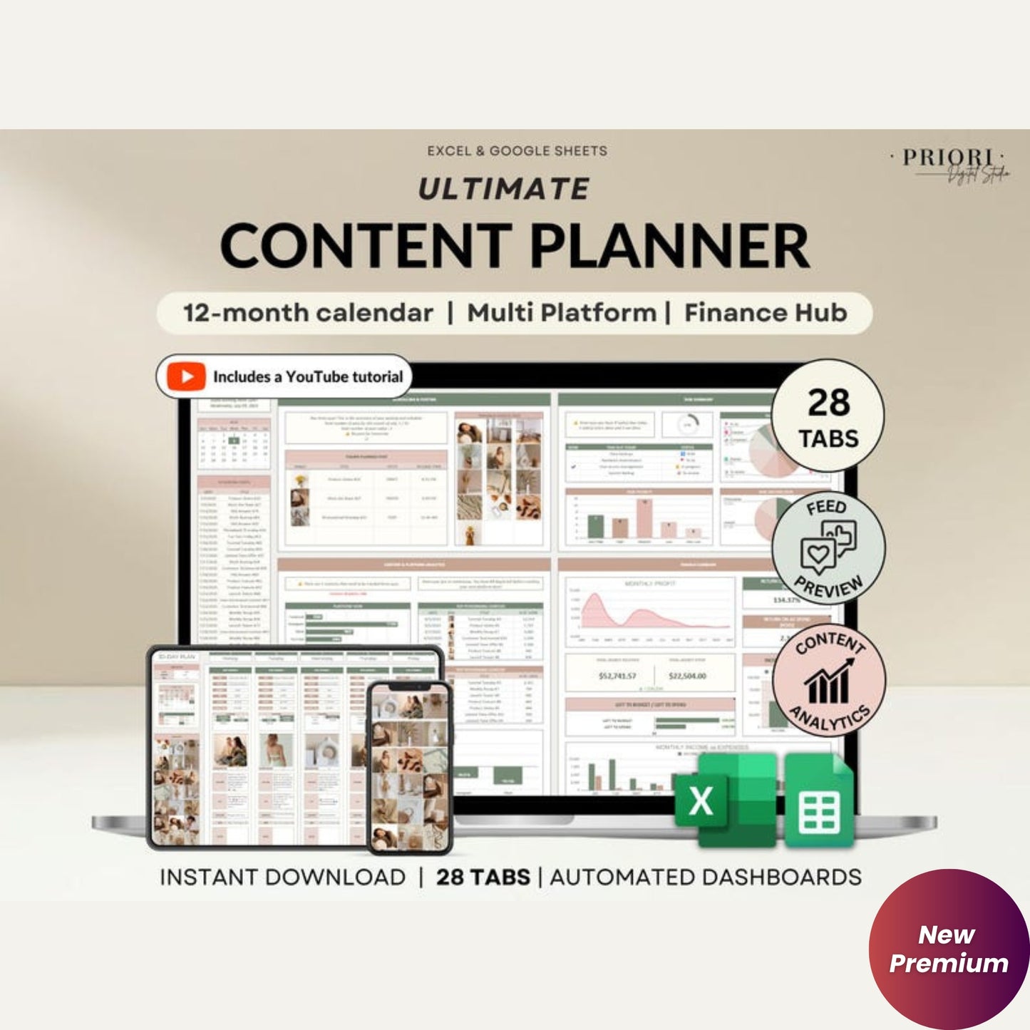 Social Media Content Planner Spreadsheet – Monthly Calendar, Content Tracker & Dashboard | Instagram, TikTok, YouTube | Google Sheets & Excel Template