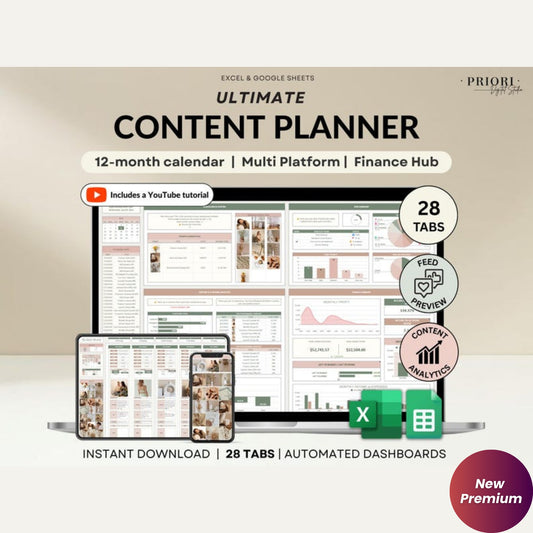 Social Media Content Planner Spreadsheet – Monthly Calendar, Content Tracker & Dashboard | Instagram, TikTok, YouTube | Google Sheets & Excel Template