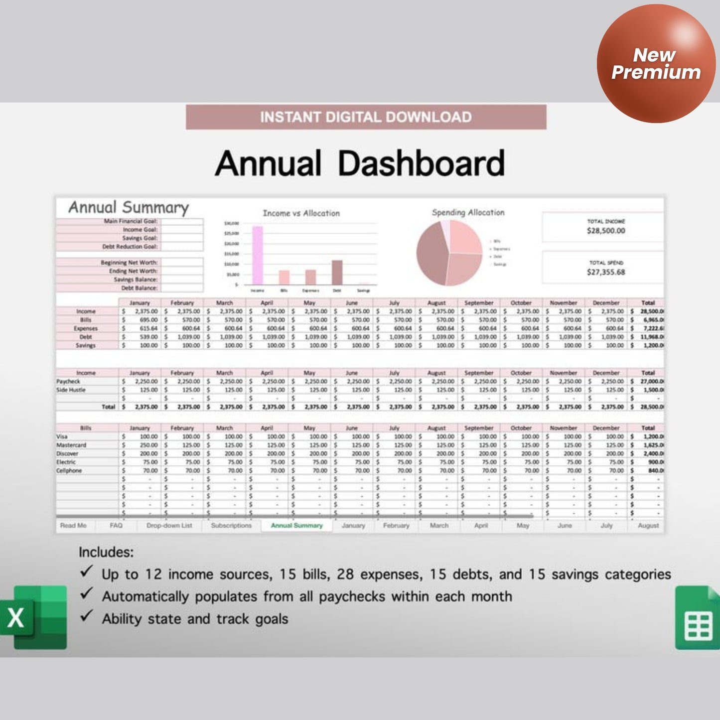 Annual Budget Google Sheets & Excel Spreadsheet | Monthly, Weekly, Biweekly Paycheck Budget Planner, Debt Tracker, Budgeting Bundle