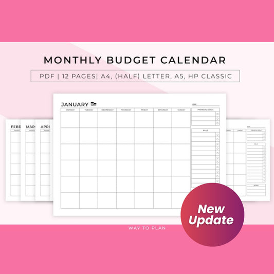 Monthly Budget Calendar Printable | Personal Finance & Bill Payment Organizer | Financial Goals & Budget Planner PDF Insert