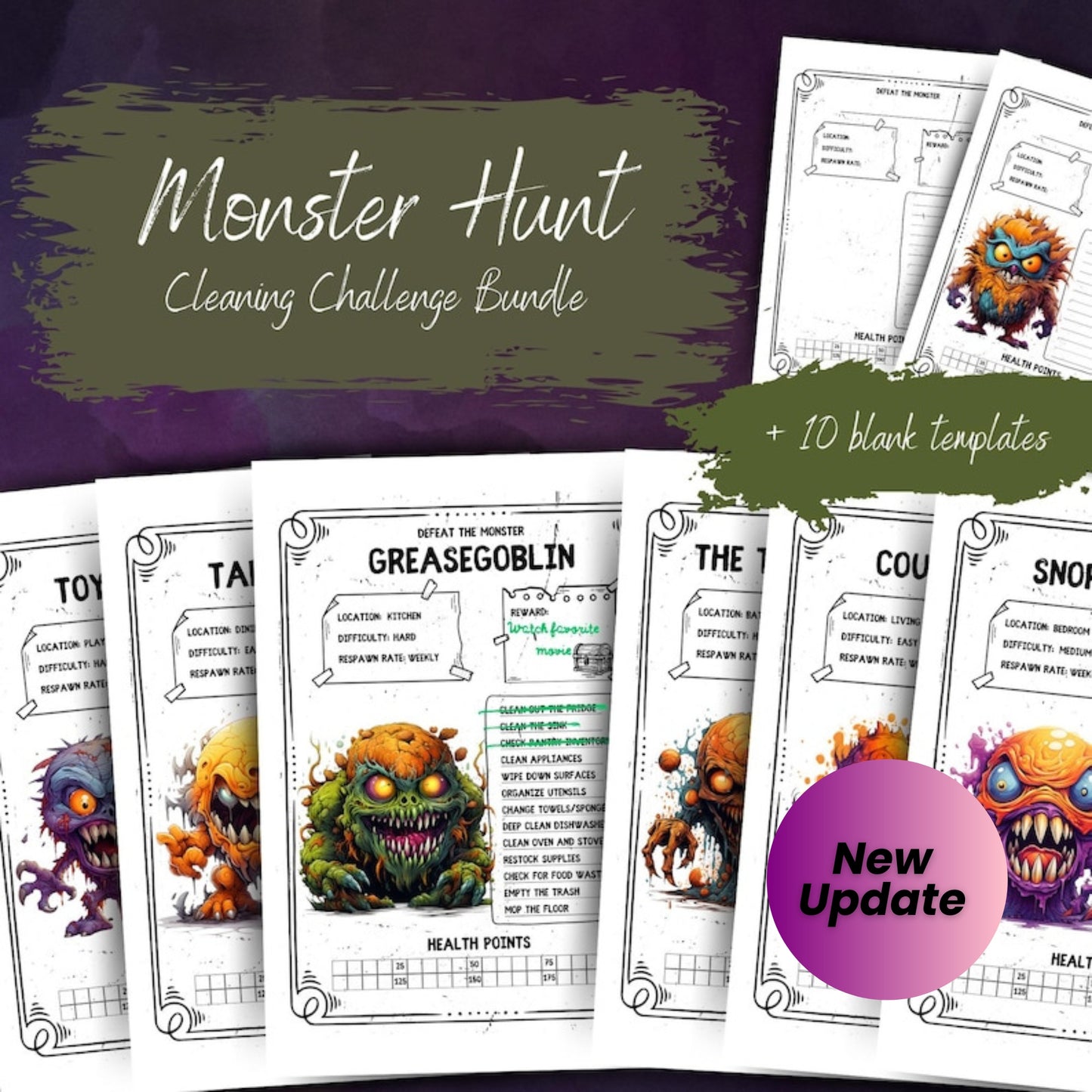 ADHD Cleaning Checklist Game – Printable Chore Challenge for Kids & Adults | Monster Hunt Cleaning Planner | Digital Download PDF