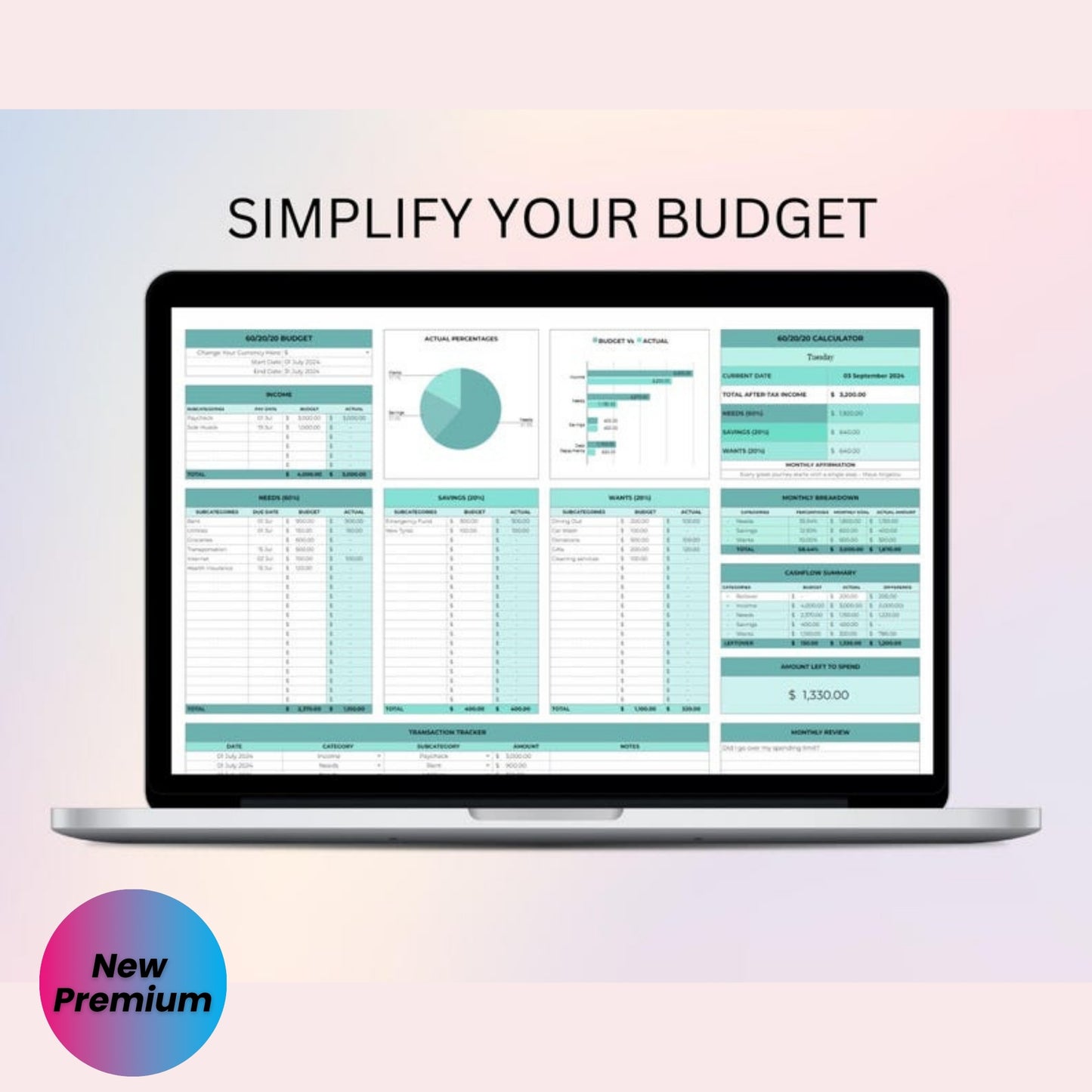 60/20/20 Budget Spreadsheet Excel & Google Sheets | Monthly & Weekly Budget Planner | Savings Tracker Template