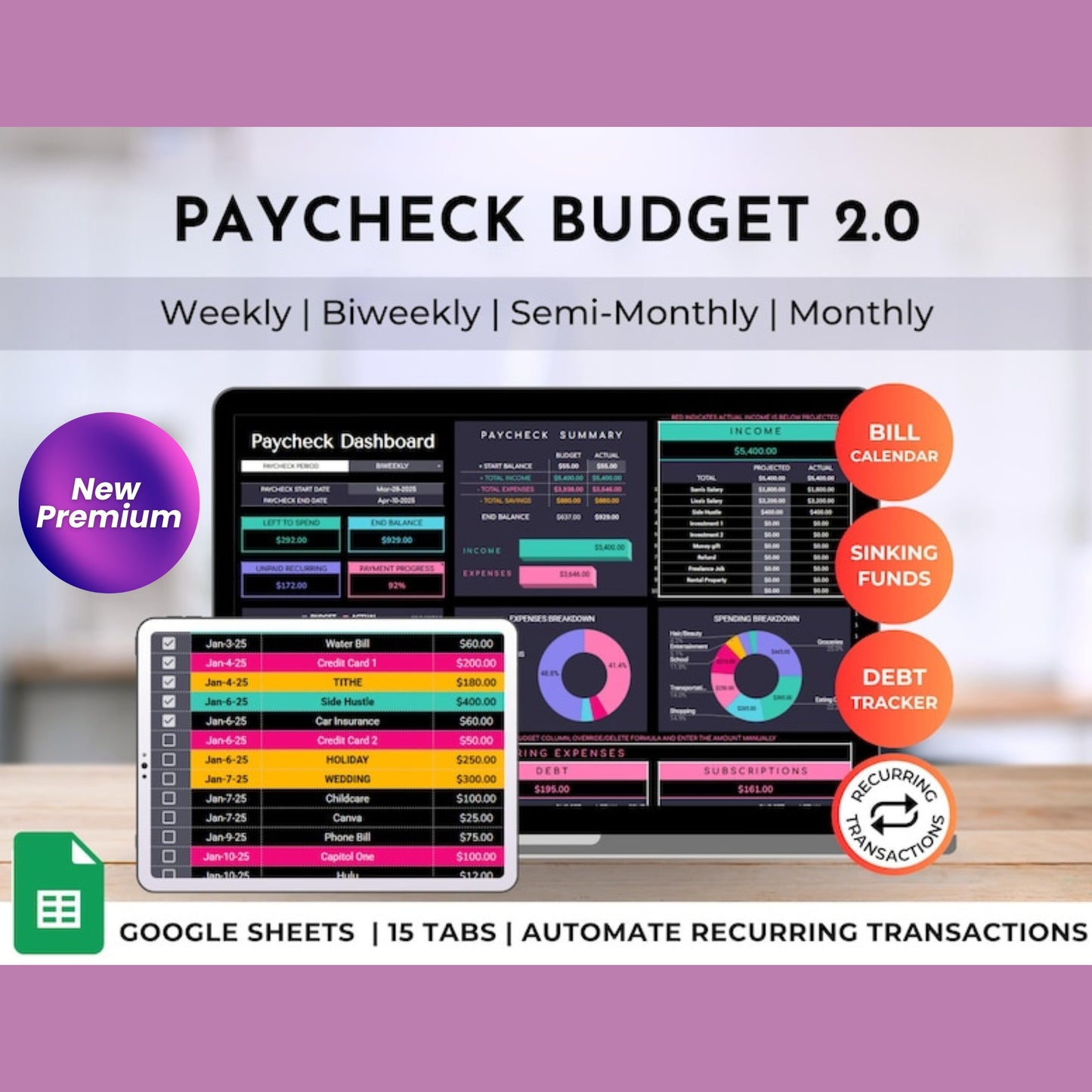Budget Planner for Biweekly, Bimonthly, Monthly, Weekly Paychecks | Digital Budget Spreadsheet | Savings & Expense Tracker | Google Sheets Template